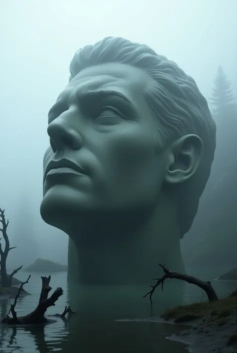 from above, bokeh, UHD, masterpiece, high details, high quality, award winning, best quality, highres, 16k，
(Looking up angle），Big Dumb Object，（Portrait of huge handsome man head sculpture collapsed in water：1.3），Great Wilderness，Dense fog，old，Dead branche...