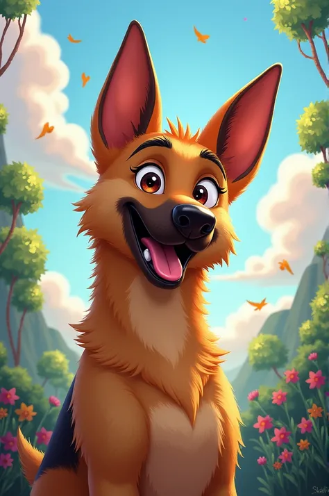 Create a fanart of Steban Eveler the mixed malinoi sand german sherped dog from No Northvember from Skailla in a 2D Disneys style. He has brown ears

