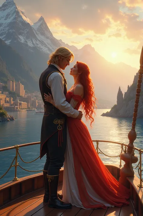 Create a couple,  a woman with red hair and a tall man with blond hair, they are hugging each other on the bow of a ship ,  looking at a city surrounded by mountains  