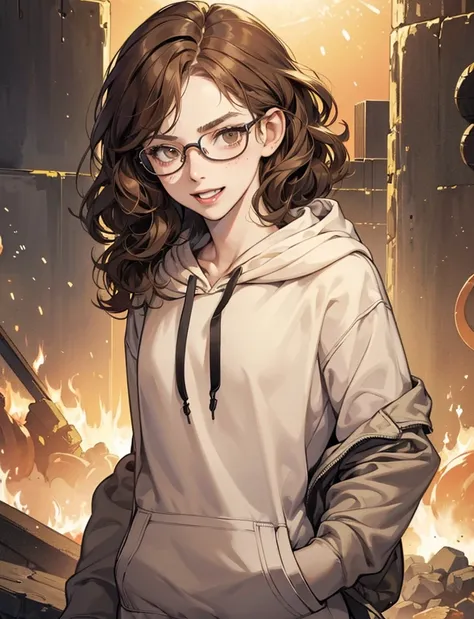 (Masterpiece:1.2), ultradetailed face, portrait, open mouth, freckles, ((smile)), nerdy girl, ((hoody)), detailed shading, skinny, round glasses, ((disgusted face)), young woman, angry eyes, (curly hair), ((braces)), ((light brown hair)), pale skin, (flat ...