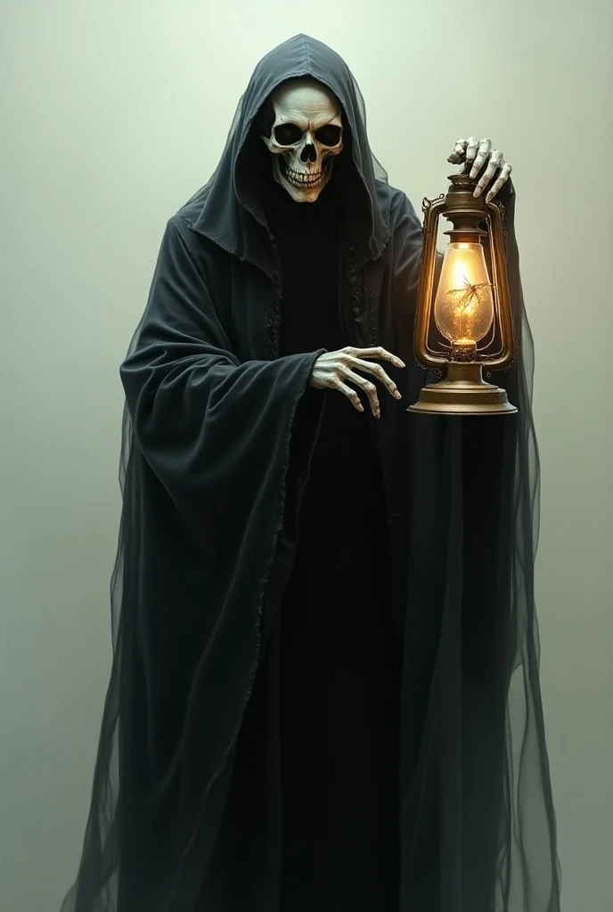 Skull face wearing a dark outfit holding a lamp with her right hand and inside the lamp a dead moth with a light background 