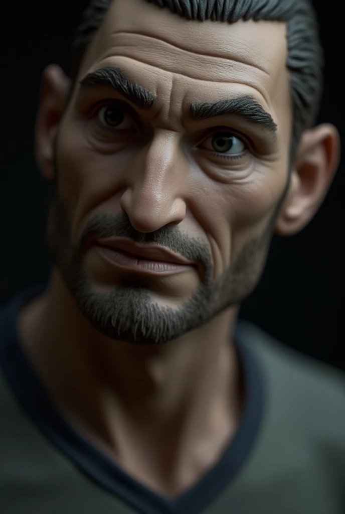 zlatan ibrahimovic claymation character, realistic texture, close-up, off-camera flash lighting, hard flash, white flash, direct flash, sad vibe