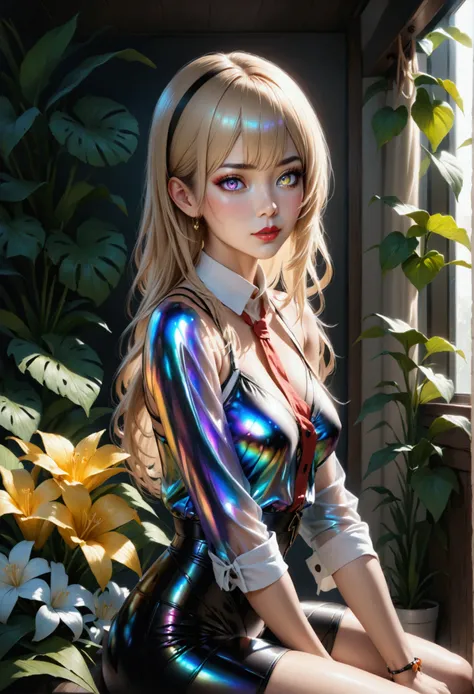 1maturegirl,mahiru shiina,Long smooth straight light golden hair, iridescent eyes,slender and athletic figure, sitting in skimpy jk clothes.masterpiece, super detail,detailed eyes, best quality, 8k,realistic