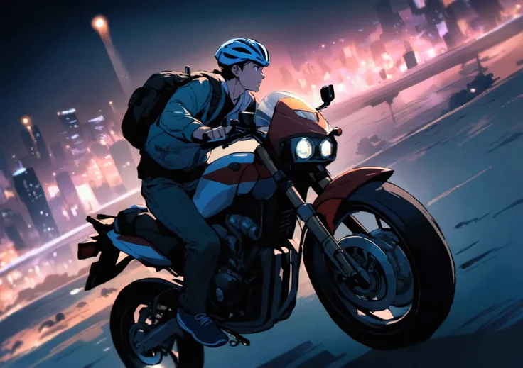 A guy riding bike escaping city at night, High resolution Image quality, city lights 