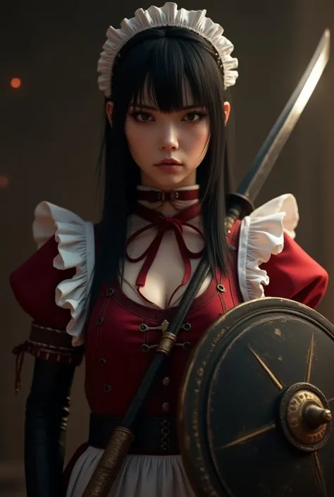 a serious cute maid warrior woman with sword and shield, red and black maid clothes, black straight hair, facing the camera, Cinematic, Photoshoot, Shot on 25mm lens, Depth of Field, Tilt Blur, Shutter Speed 1/1000, F/22, White Balance, 32k, Super-Resoluti...