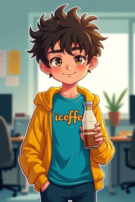  Illustration of a boy with short hair with a rebellious but charismatic personality who carries a bottle of coffee with milk and a blue t-shirt with a yellow sweatshirt on the shirt he puts iceffee, He is in an office 