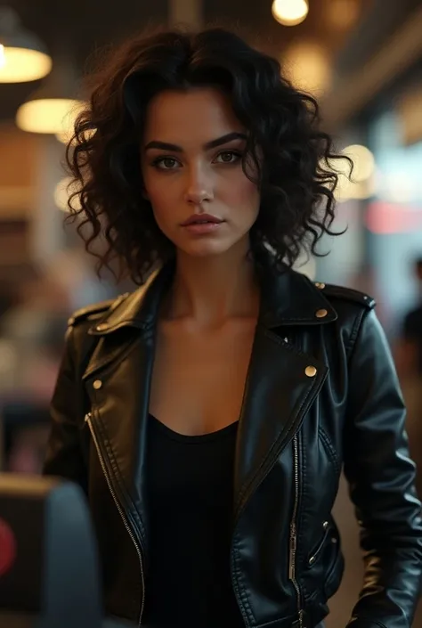 Woman curly hair leather jacket cashier 