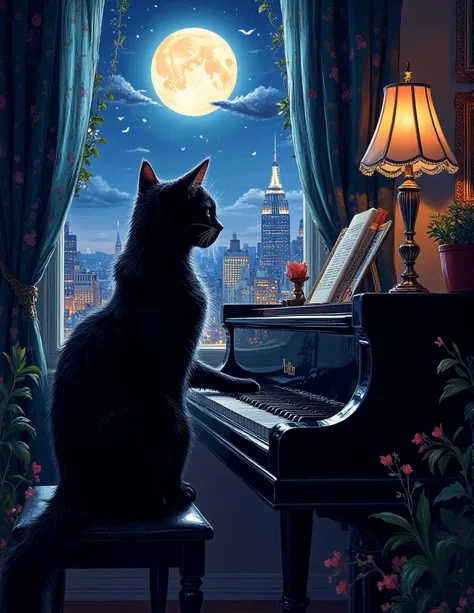 An enchanting illustration of a charismatic black cat poised gracefully at a piano near a window illuminated by tender moonlight. The vivid colors and textures of the cats silky fur, the gleaming instrument and outside the window the lights of the city sho...