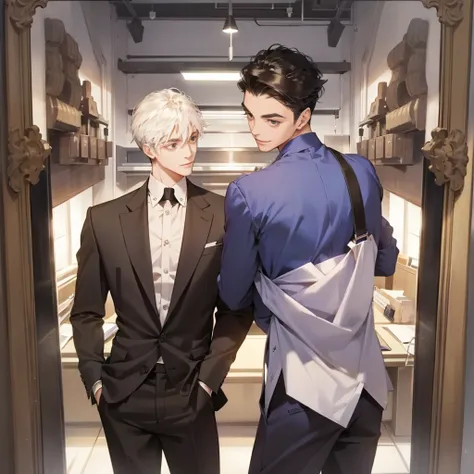 company employee　Two young men　 office worker　suit　Overall view　night　 Exquisite and Precise Interior　 An Ingenious Conversation 　smile　Gazing at each other