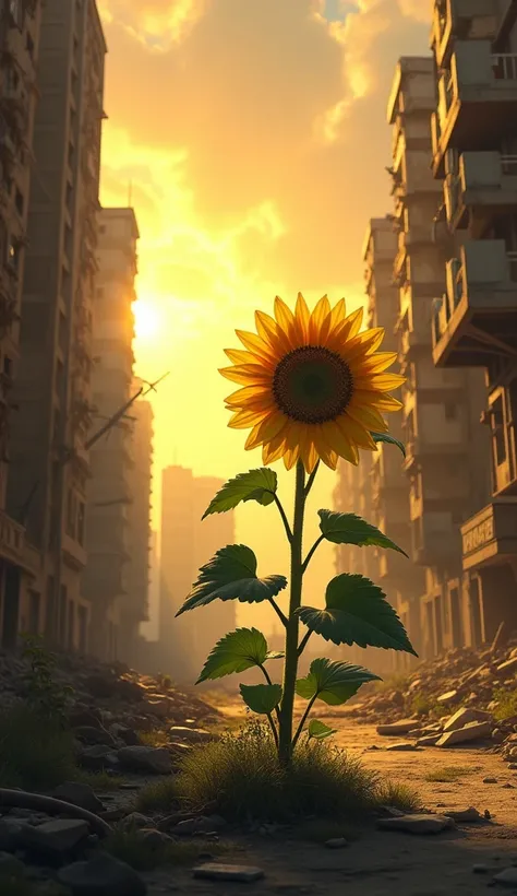 In the background is a delicate jewel, a small sunflower growing in a ruined urban environment. The sun is setting, creating a golden light that contrasts with the shadows and destruction around it. The sunflower, with its vibrant yellow hopes, seems to sy...