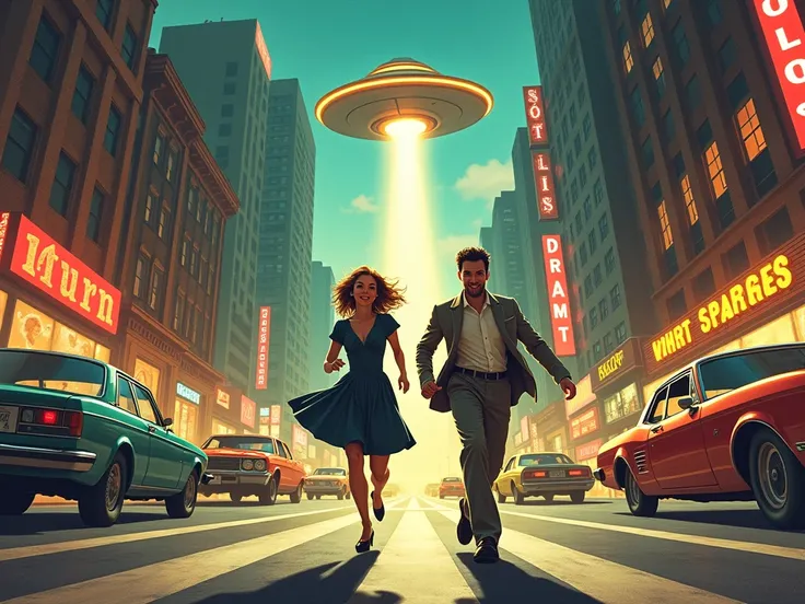 "A couple in vintage clothing runs through a city street as a UFO hovers above, casting a bright light. The image has a retro comic book style with dynamic poses and vibrant colors."