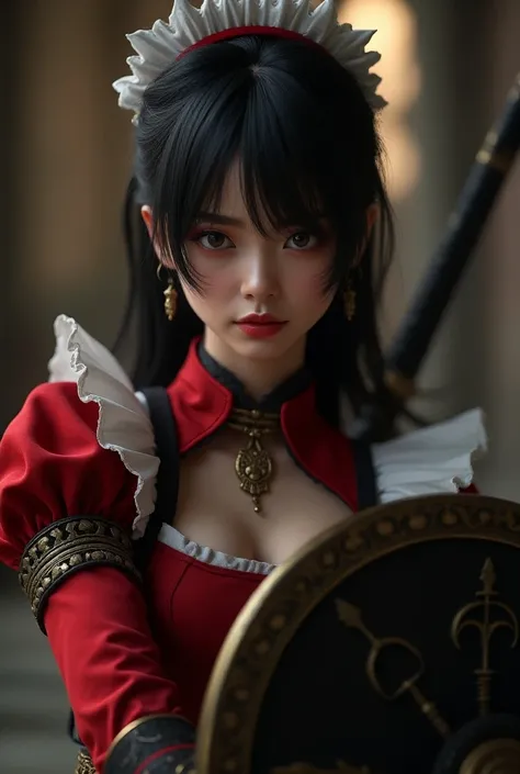 a serious cute maid warrior woman with sword and shield, red and black maid clothes, black straight hair, facing the camera, Cinematic, Photoshoot, Shot on 25mm lens, Depth of Field, Tilt Blur, Shutter Speed 1/1000, F/22, White Balance, 32k, Super-Resoluti...