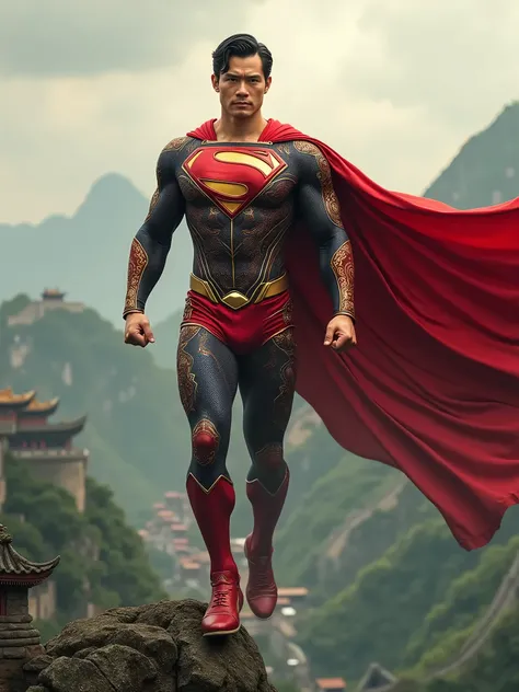 Imagine Superman reimagined as a superhero from China. He was found as a baby by a kind farmer in a small Chinese village and raised with deep values of honor, family, and resilience. His suit blends traditional Chinese design with superhero elements: deep...