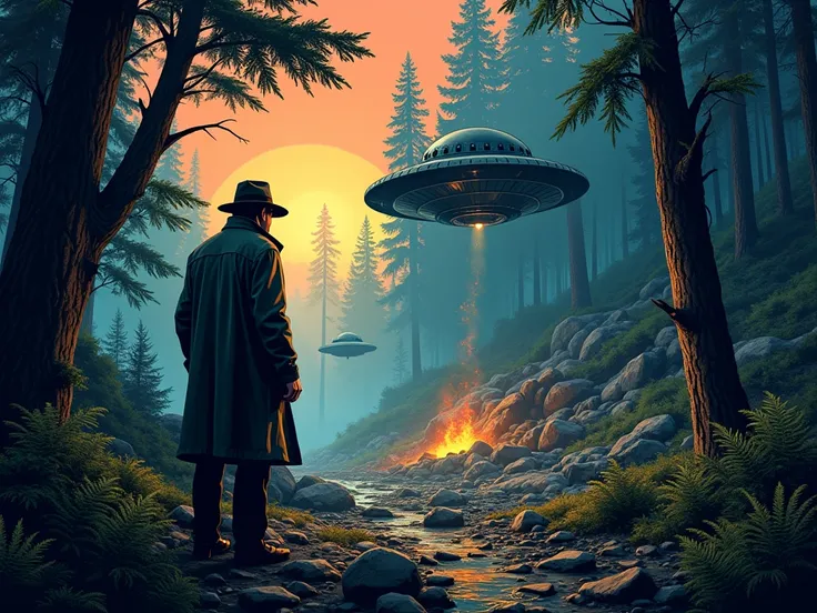 "A detective in a fedora hat investigates a UFO crash site in a remote forest. The scene is illustrated in a retro comic book style with dramatic lighting and vivid colors."