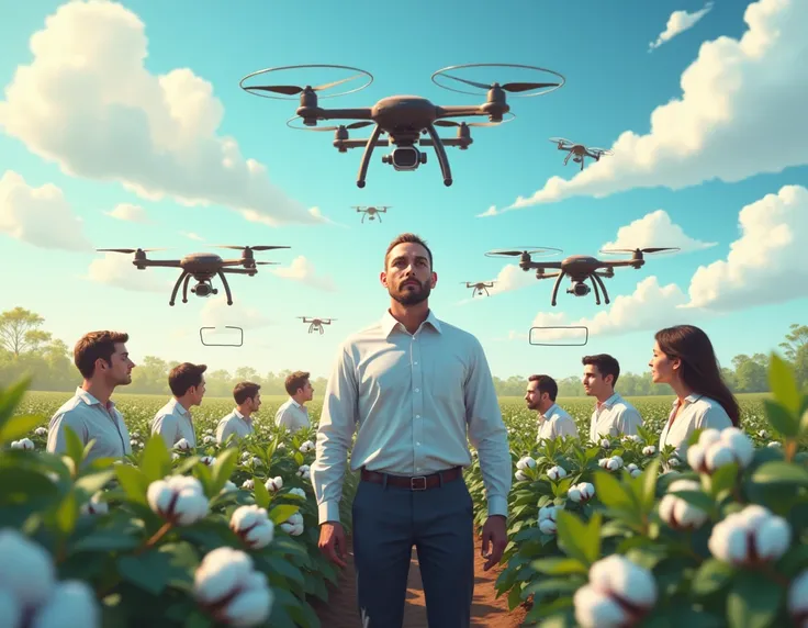 image of a supervisor in the area of technology transfer and innovation in the agricultural area amidst his team of supervised people on a cotton plantation being flown over by drones and thought bubbles showing technical skills, managerial and soft-skills...