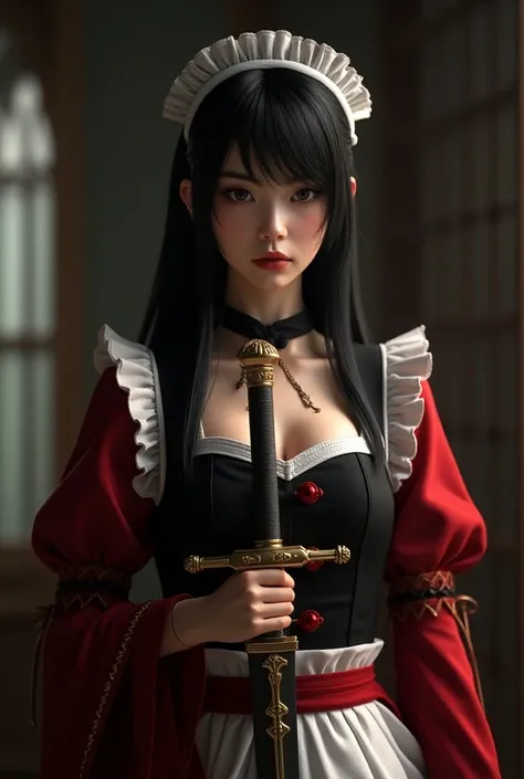 a serious cute maid warrior woman with sword and shield, red and black maid clothes, black straight hair, facing the camera, Cinematic, Photoshoot, Shot on 25mm lens, Depth of Field, Tilt Blur, Shutter Speed 1/1000, F/22, White Balance, 32k, Super-Resoluti...