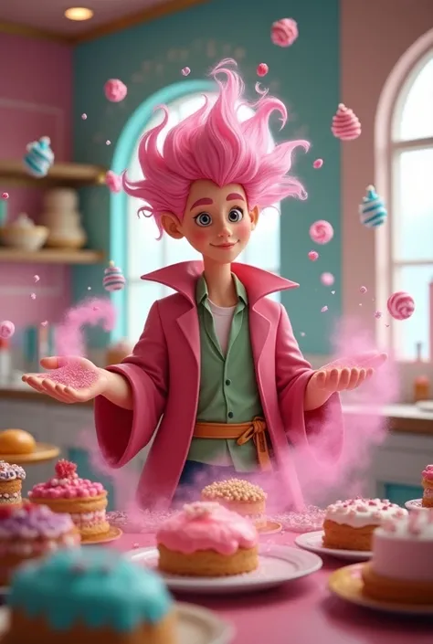 Create a young-looking adult male wizard with the magic of candy in a pastry shop, colorful magic elements , Does he have pink hair 