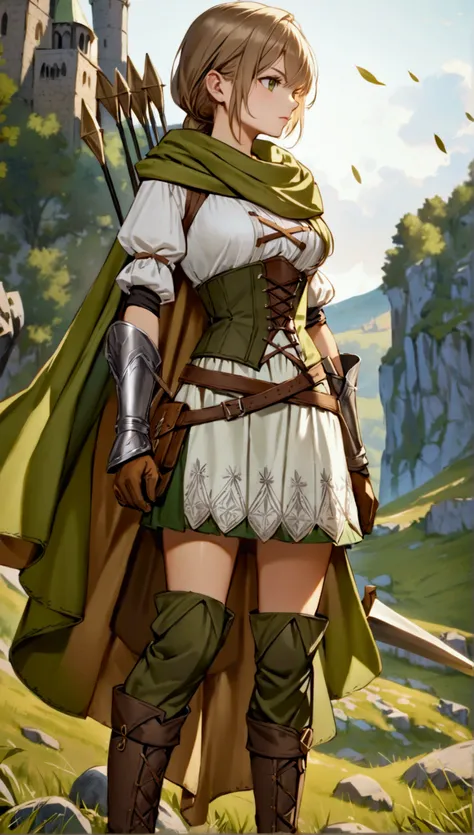 Huntress girl light brown hair, wearing an olive green asymmetrical medieval-style skirt, brown knee-high boots, and a white blouse has a short olive-green shawl with intricate details in the fabric. brown gloves and a bow, ready for battle. clothing and b...