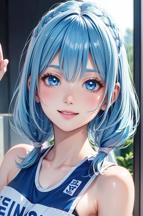 ( BEST QUALITY , Hi-Res,8k,inelity detailed background, Masterpiece:1.2), Beautiful Girl,( glossy light blue hair:1.3),(long hair:1.2),twin tail,Beautiful light blue eyes,cheerleader,Under bobs ,Stadium,support,Gentle look,A refreshing look,Best quality, B...