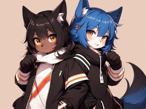 two cute black wolf furry girls with shiny hair, detailed body, plain clothes, nice background, high quality