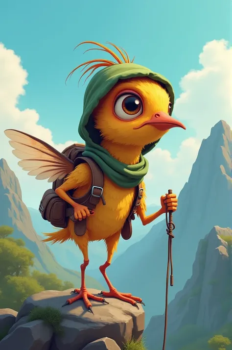 A flea in a cartoon dressed as an adventurer , climbing a mountain