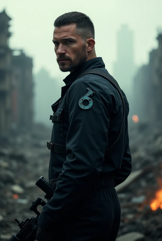 A movie poster .  Its a futuristic and apocalyptic movie . There may be a ruined city .  There is a man without a beard and with straight and straight hair .  He wears a black war jumpsuit with a brooch on his right shoulder in the shape of a blue male sym...