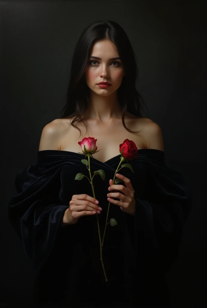 An oil painting about a woman with dark background that holds two roses in her hands and she is looking us.one rose is fresh and one of them is died.womans dress is simple dark velvet  with out ani accessories.her hair is dark and simple 