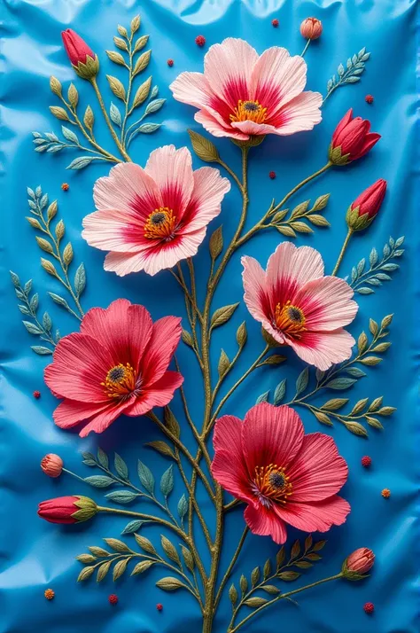 Embroidery on blue plastic bag floral pattern, pattens and the red colour ugly stitches spreading on flowers by covering it
