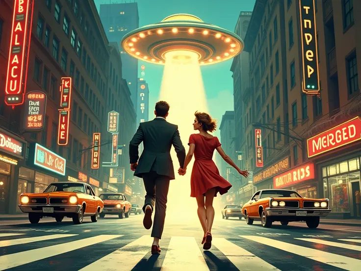 "A couple in vintage clothing runs through a city street as a UFO hovers above, casting a bright light. The image has a retro comic book style with dynamic poses and vibrant colors."