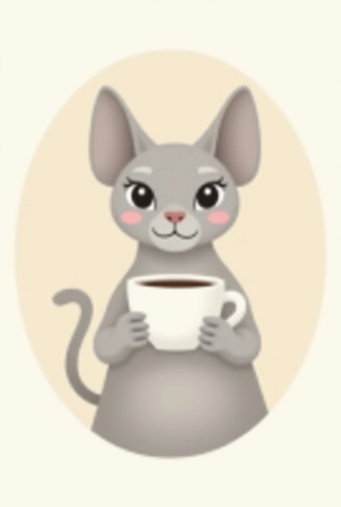 A cheerful light gray sphinx cat holding a coffee cup in its paws insert into a circle for a logo 