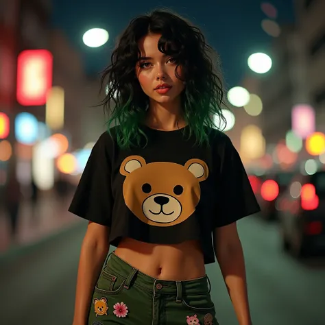 Young woman, frizzy black hair with green highlights, piercing orange eyes, natural make-up, wearing a black cropped t-shirt decorated with a teddy bear design, green low rise jeans adorned with various decorative patches, curvy figure, medium sized breast...