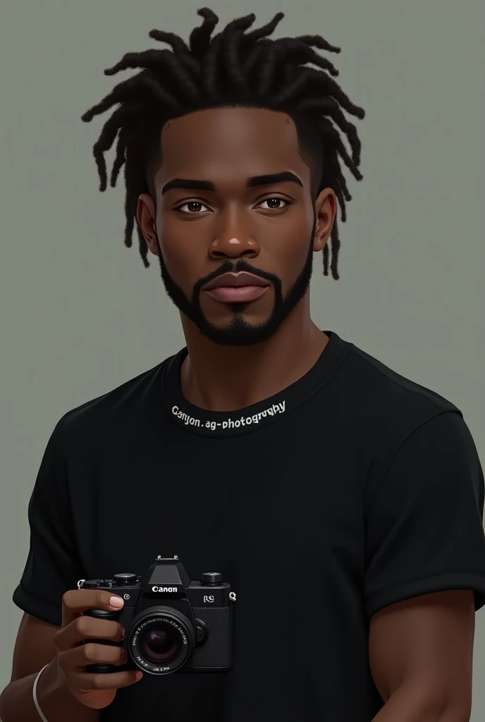 Create Avatar A Skinny Young Man,  black with a chocolate skin tone , At 26 years old ,  with a slightly wide face with dreads a bit of a carapinha, with beard, mustache with small eyes, normal ears, serious,
With a black t-shirt , com gola escrita AG-Phot...