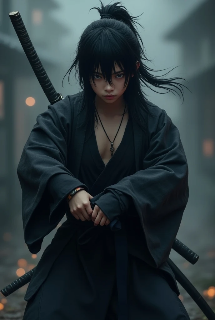 Ninja boy with black hair , emo bang, long ponytail, he is healding a katana and has black and indigo outfit like a samurai kimono
He is 24 years old