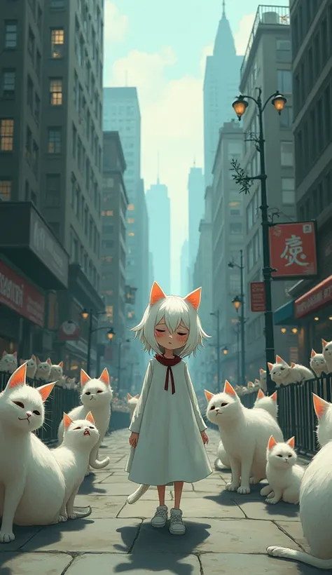 White cat girl walking on street crying tears, lots of cats making laught on her smiling 