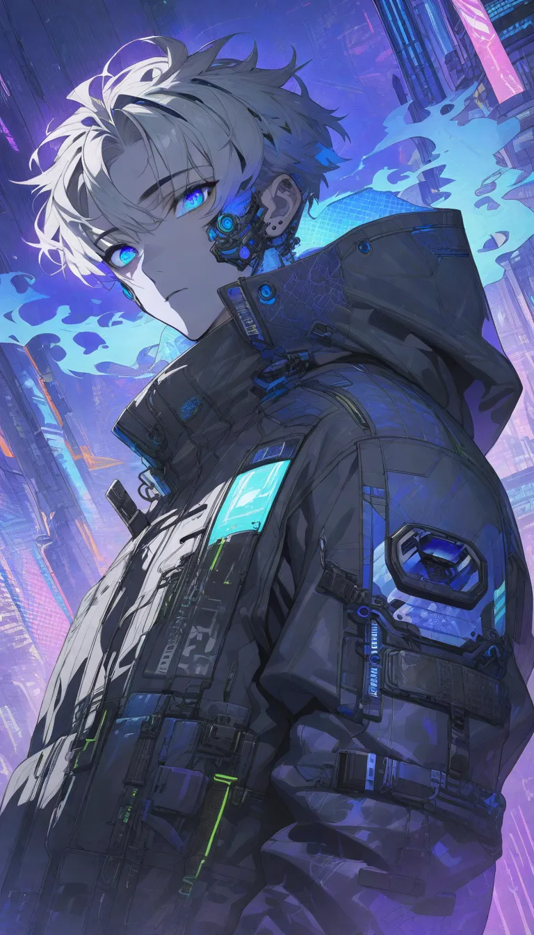 solo, (handsome), 1 male, short hair, gray hair, blue eyes, black light, blue fire, (cyberpunk clothing), ((masterpiece, detaile...