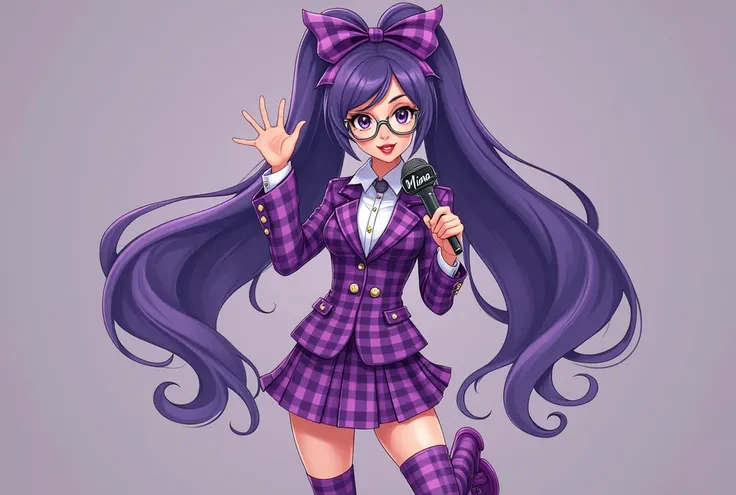 A purple long-haired ， Long Hair Flowing ， tied to a purple bow， flowing ribbons on purple sides ， in a purple plaid skirt suit ，Half Length Plaid Socks ，Purple Playful Boots ， Professional holding microphone while talking， She feels smart wearing glasses ...