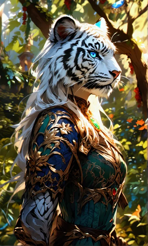 Portrait of Líria, a 21-year-old anthropomorphic white tigress, set in a forest scene. She has the full appearance of a white tigress, with pure white fur and striking black stripes in elegant patterns. Her eyes are deep blue, like sapphires, expressive an...