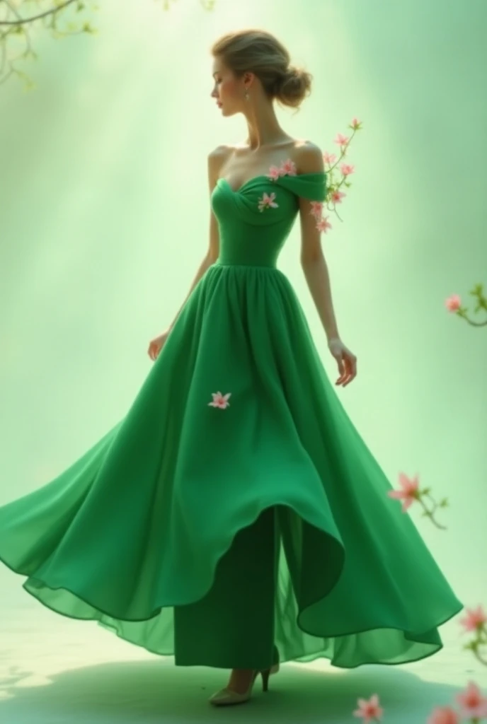 I have a full-length green dress with only one sleeve and with a frill that starts from 5 cm above the knees, I need you to give ideas where pink flowers would look best
