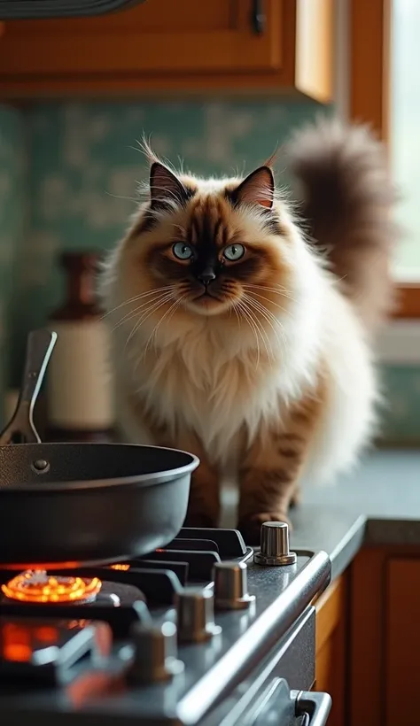 After placing the freshly cleaned pan on the stove, the Himalayan cat extended a paw toward the stove’s control knob. With a gentle but determined twist, he ignited the burner, watching as a small flame leapt to life underneath the pan. He tilted his head,...