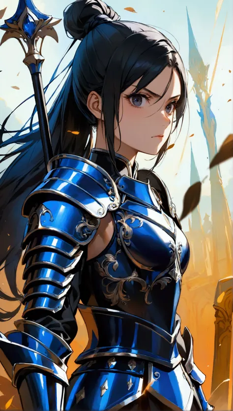 A 20-year-old woman with long black hair tied in a high ponytail, dark eyes, and a serious expression. She is wearing a form-fitting armor that is a sleek combination of blue and black, with black boots and matching black gloves. She is holding a spear in ...