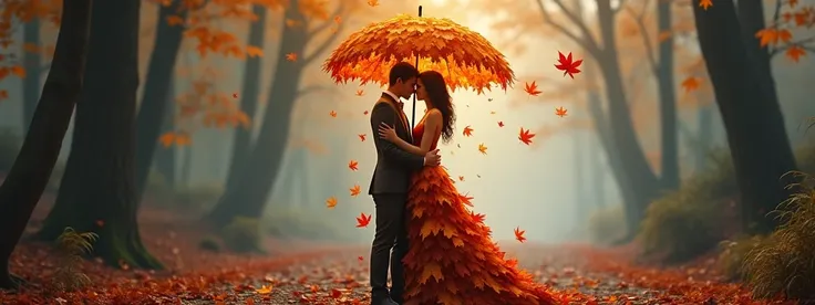 An ultra-realistic digital painting captures a surreal autumn scene: two figures, crafted entirely from intricately layered autumn leaves, stand entwined under a leafy umbrella made from rich browns, golds, and deep reds. The artists initials "PJ" is signe...