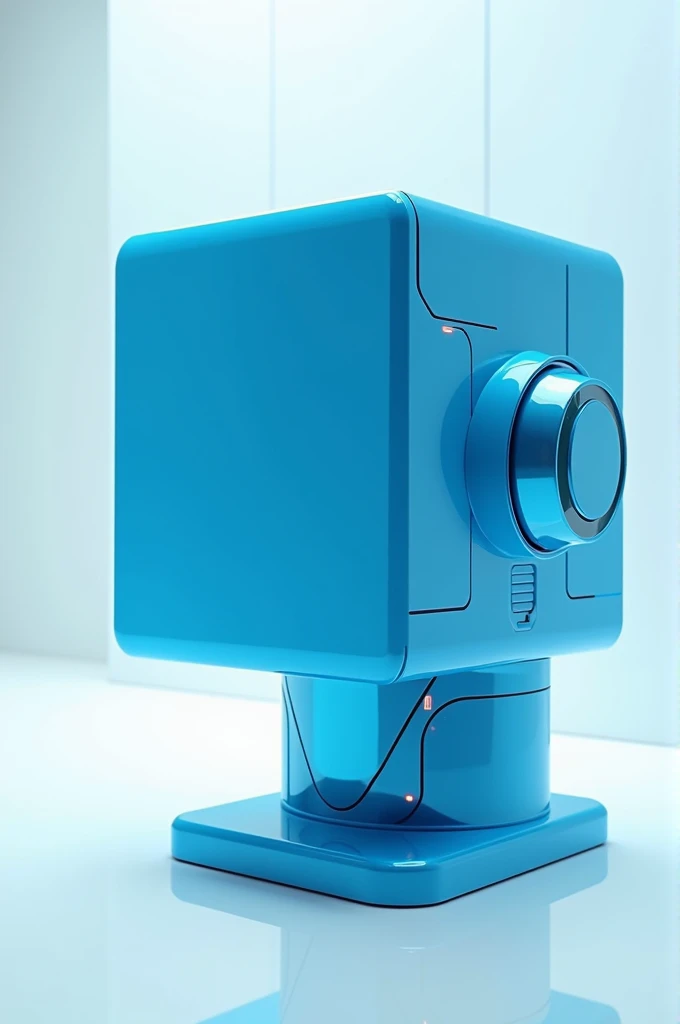 Robot head in the shape of a cube, details in blue 