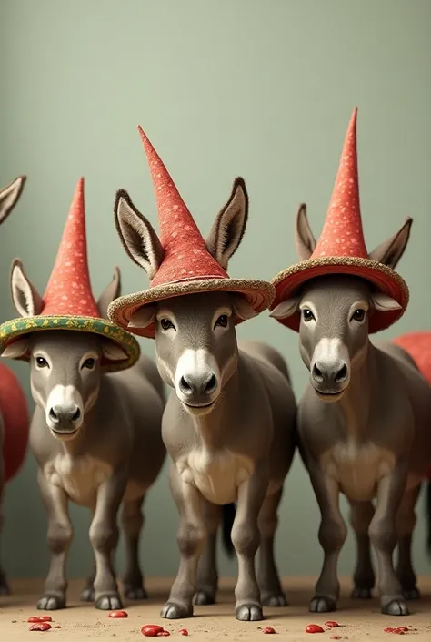 Donkeys with red hats and oxen with ultra realistic green and yellow hats 