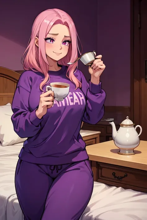 Perfect face. Perfect hands. A pink haired woman with violet eyes with an hourglass figure in sweatpants and a sweatshirt is drinking tea in a bed with a tired smile