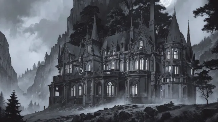 A massive, ancient Gothic mansion set high in a misty mountain forest. The mansion is mysterious and beautiful, with tall spires, arched windows, and intricate stonework weathered by time and covered in ivy. Dark trees surround it protectively, their branc...