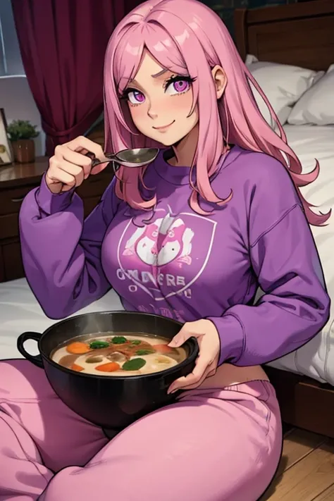 Perfect face. Perfect hands. A pink haired woman with violet eyes with an hourglass figure in sweatpants and a sweatshirt is eating soup in a bed with a tired smile