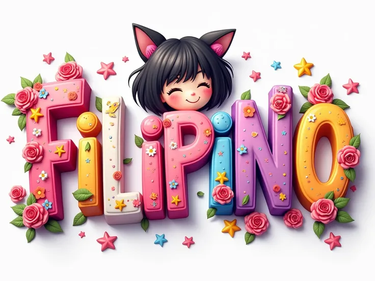 A colorful 3D illustration of the word "FILIPINO" in large, bold letters. Each letter has unique colors and GRAFFITI textures: the letter "FI" is pink and gold with a Cute anime girl head, Black hairstyle,Deep purple eyes，Black cat ears，cute clothing，Lazy ...