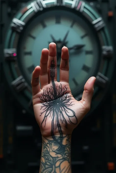 Make a text font for name FallTid, Great tattoo of Falltid, make tattoo on hand palm use big alien clock back ground, use cyber punk theme 