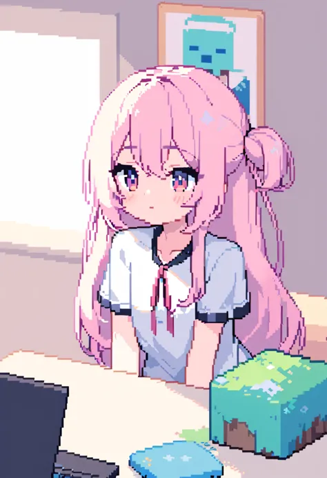 (masterpiece best quality:1.3,  pixel art:1.8,  and minecraft ,  and minecraft の世界観, 1girl, pink fluffy hair, ram&#39;s horn, th...