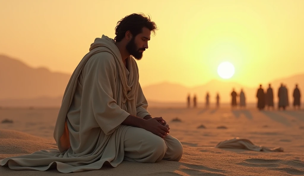 David,black hair and beard,  around 30 years old, A close-up half-body shot of a man kneeling on the ground, his face calm and introspective, his hands resting on his lap in an open, accepting gesture. His ancient robes are plain, and his posture reflects ...